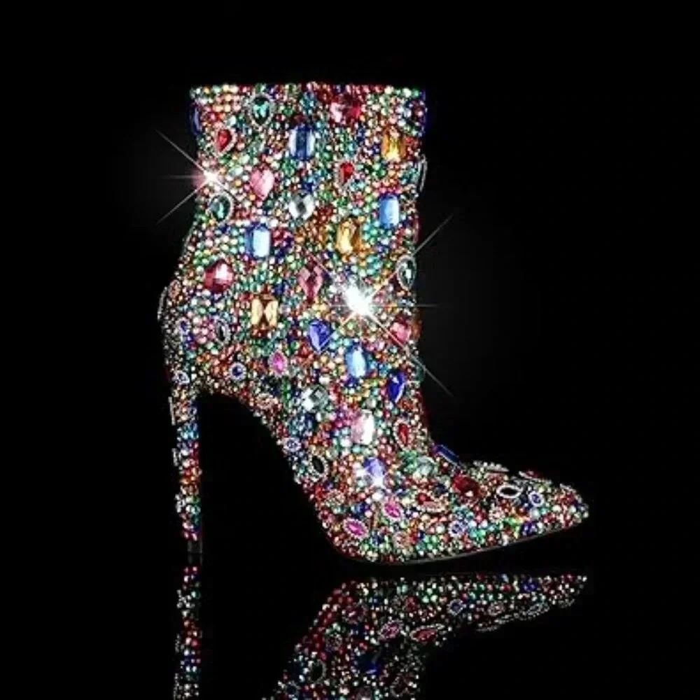 Rhinestone High Heel Boots，Glitter Side Zipper Ankle Boots Sparkly Cowgirl Point